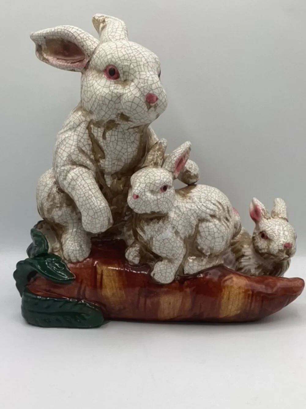 Rabbit Family Majolica Style Ceramic‎ Statue Hand Painted Crackled Glaze 11x11x5